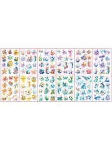 12张闪光临时纹身贴纸，海洋生物元素系列，146种鲨鱼、海豚、海马、海星、海龟、章鱼、水母、鱼类图案的假纹身贴纸，闪亮趣味卡通艺术纹身贴纸，适合作为生日、节日派对礼物 - 彩色 - 查看 5