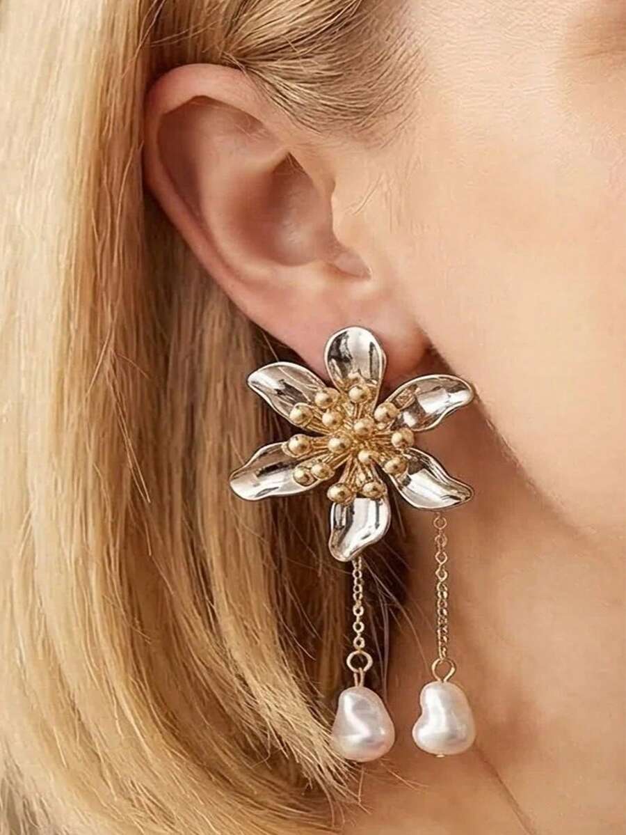 2 piezas Pendientes de flor 3D de metal de moda con perlas barrocas falsas, adecuados para uso diario de mujeres y regalos para fiestas - Flores 3D - Ver 1