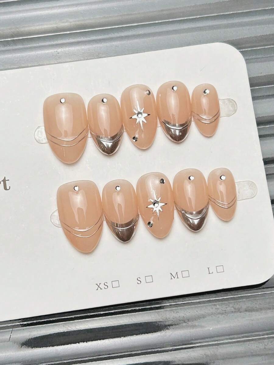 10 móng tay giả thủ công hình hạnh nhân, móng ngắn, móng màu nude nhẹ nhàng, móng kiểu Pháp màu bạc, móng hình ngôi sao với đường kẻ không đều, đính đá kim cương, móng cá tính, thanh lịch, đơn giản cho mùa xuân, móng giả mùa hè, móng dự tiệc, sử dụng hàng ngày và hẹn hò, phù hợp cho kỳ nghỉ biển nhiệt đới, nghệ thuật làm móng giả tự làm, thích hợp làm quà tặng cho phụ nữ và bé gái. - Hồng - Xem 1