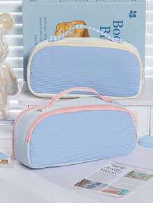 1pc Cute Transparent Window Portable Pencil Bag, Portable Large-Capacity 4-Layer Storage, Contrast Color Design Stationery Pouch, Transparent Compartment, Corduroy Material For Primary School Students - Multicolor - View 5