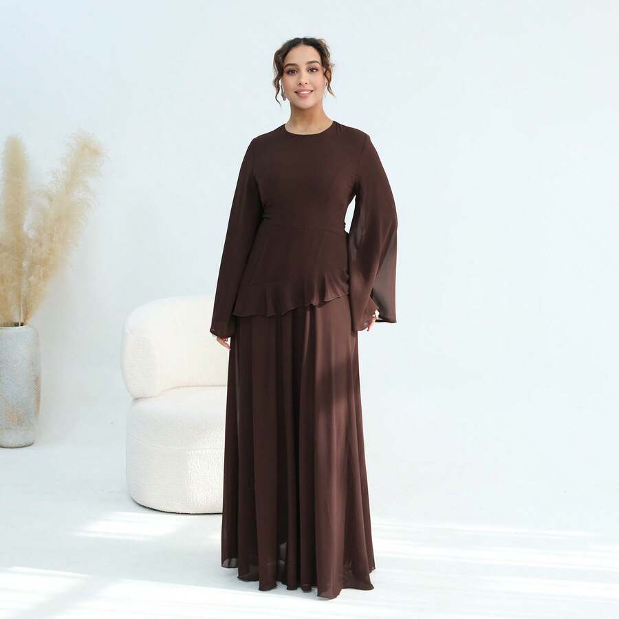 1Pcs Women's New Pure And Alluring High-End Round Neck Slim Fit Long Sleeve Dress - 咖啡棕 - 查看 1