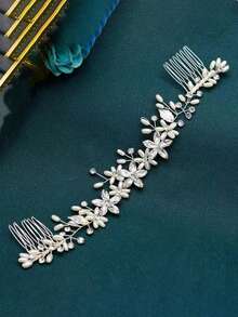 1pc Crystal & Rhinestone Decor Bridal Bridesmaid Hair Comb, Luxurious Hair Accessory For Wedding, Banquet, Party,Summer,Beach - 63322 Silver - View 5