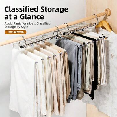 شماعة بنطلون متعددة الوظائف من الفولاذ المقاوم للصدأ، تصميم مانع للانزلاق ومانع للميل، مع رف بنطلون متعدد الطبقات بتصميم خالي من الفجوات، مناسبة للتخزين في الخزانة