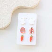 3 Pairs/Card Acrylic Carrot, Easter Egg, Rabbit Mixed Earrings, Cute & Elegant Ceramic Texture, Suitable For Daily, Party, Holiday Gift - Y1161 - View 2