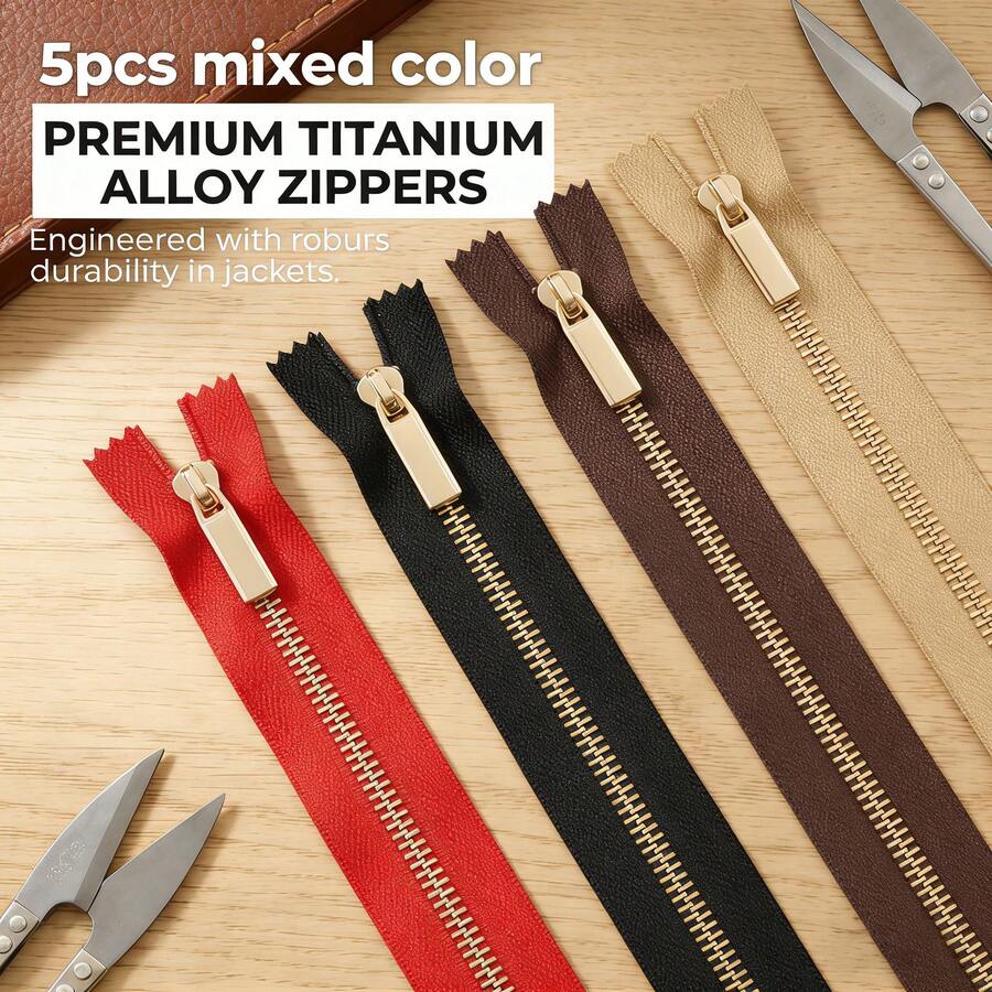 5pcs Mixed Color 5# Y-Teeth Light Gold Metal Zipper, Open-End, Titanium Alloy Slider Ideal For Jackets, Jeans, Garments And Bags. Sturdy, Secure, Practical, Durable And Cost-Effective. - 0073 Mixed Color - View 1