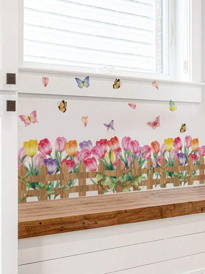 mama look 1pc, Multi-Size, PVC Self-Adhesive Removable Wall Sticker, Spring & Summer Decor, Tulips, Floral Clusters, Butterflies, Fresh Botanical Plants, Baseboard Decal, Suitable For Bedroom, Living Room, Study, Dining Room, Bathroom, Home Wall Decor, Room Decoration