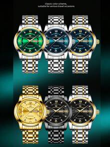 VA VA VOOM 1 Stück elegante Herren Edelstahl Armbanduhr, Uhr mit Strass-Skala Farbverlauf Zifferblatt für Männer, Woche+Kalender Fenster, wunderschöner Stil Herren Uhr, geeignet als Urlaubsgeschenk - Einheitsgröße - Übersicht 10