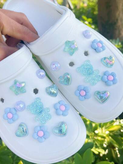 20pcs Glitter Colorful Bear Hole Decor Charms, Suitable For Hollow Sandals & Beach Shoes