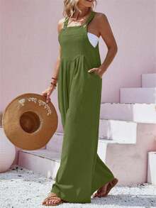 Women's Casual Solid Color Button Strap Wide Leg Jumpsuit, Spring/Summer Elegant - Army Green - View 3