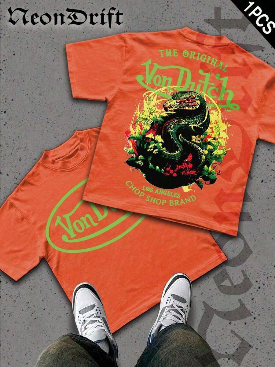 2026 New Arrival Unisex Snake Graphic T-Shirt, Summer Cotton Pink Crew Neck Short Sleeve Oversized Tee, Vintage Los Angeles Chop Shop Print Casual Top For Streetwear & Y2K Outfits, Camiseta De Cuello Redondo - 橘色 2 - 查看 1