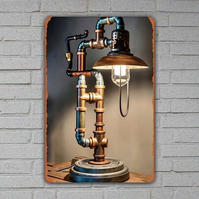 8x12英寸复古蒸汽朋克台灯 - 锻铁艺术品，采用钢、铸铁、青铜和铜管 - 适合家居装饰、墙面悬挂，用途广泛 - 非常适合圣帕特里克节、圣诞节、复活节、情人节、感恩节等节日，也可用作灵感灯或书桌灯