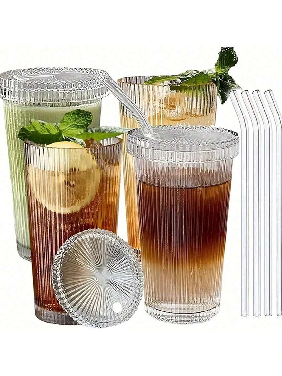 1个380毫升条纹玻璃杯（带盖和吸管，日式风格）时尚饮具，牛奶/咖啡杯，茶具套装，生日礼物，威士忌酒杯，适合泳池派对、夏季派对 - 無色 - 查看 1