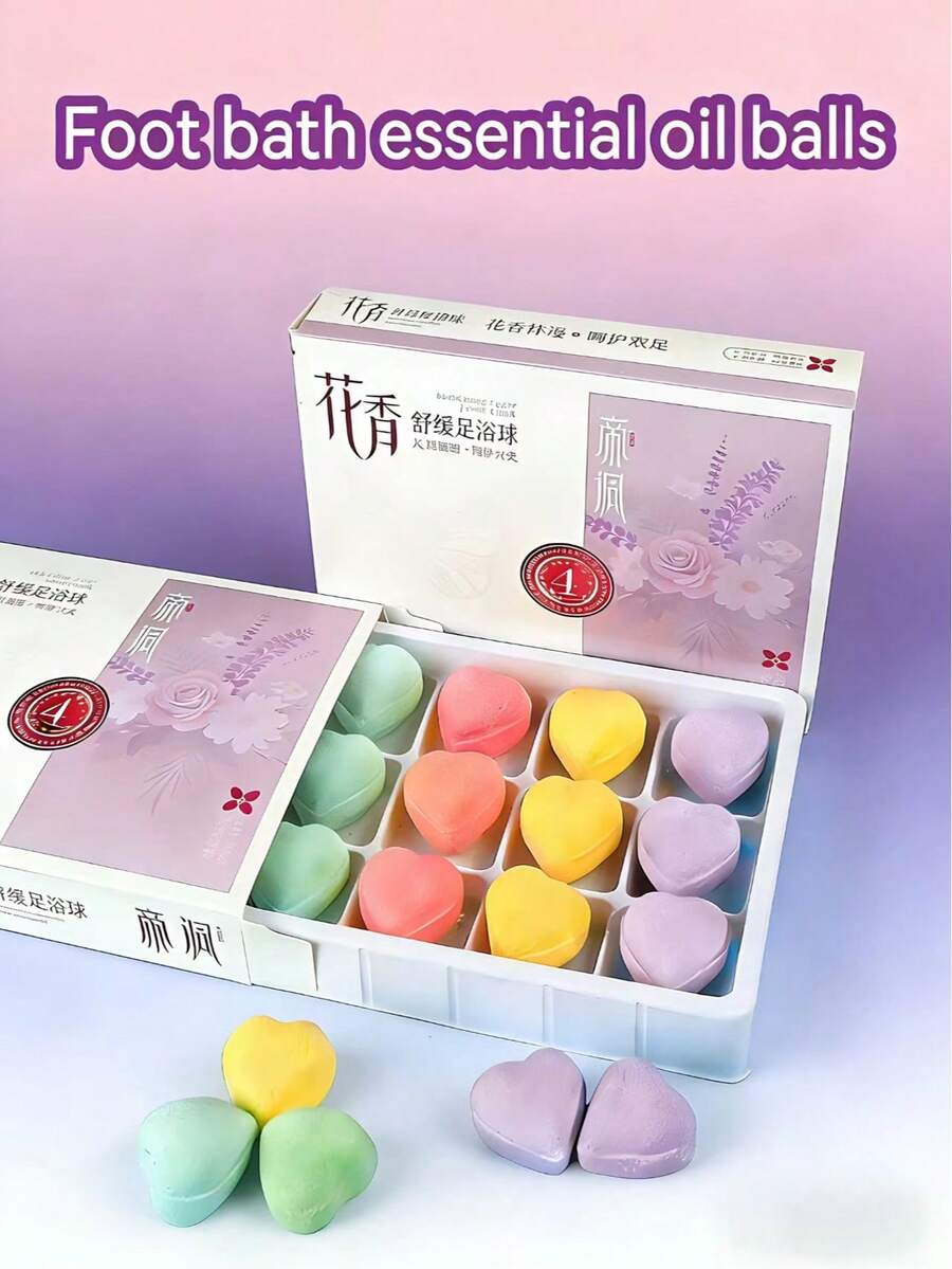 12颗/盒 植物精油泡澡球，香氛足浴球，溶于水，香味怡人，精美包装，心形足浴球，在家享受足浴，生日、婚礼、圣诞节及其他场合的绝佳礼物