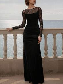 Abito elegante da sera formale con zip, in colore unito, con inserti in pizzo e volant, adatto per matrimoni e occasioni primaverili, colore nero - nero - Visualizzare 4