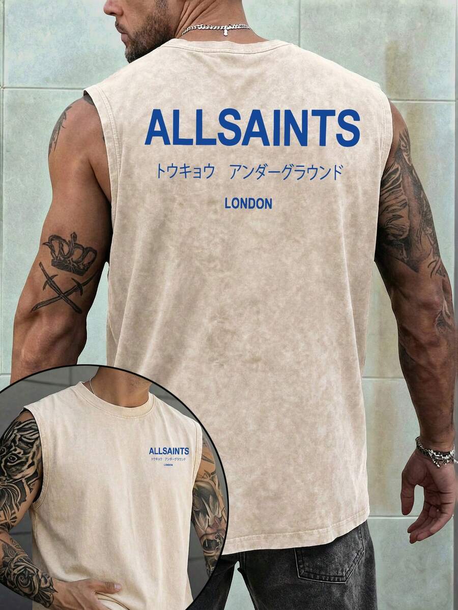 Men's Printed Vintage Washed Vest, Loose Fit, Casual Street Style, An Essential Everyday Item. - Màu be - Xem 1