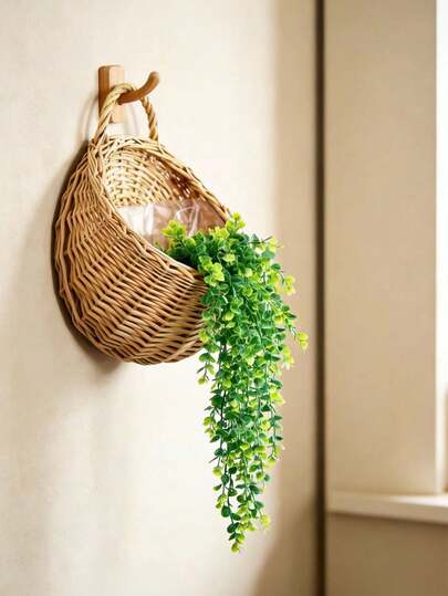 1pc Rustic Handwoven Hanging Basket, Natural Rattan Round Wall Planter, Indoor And Outdoor Decor, Farmhouse Style Flower Pot Container, Hanging Basket Suitable For Fresh Flowers, Potted Plants, Candles, Snacks, Miscellaneous Items, Entryway, Bedroom, Living Room, Balcony, Room Decor Storage Basket