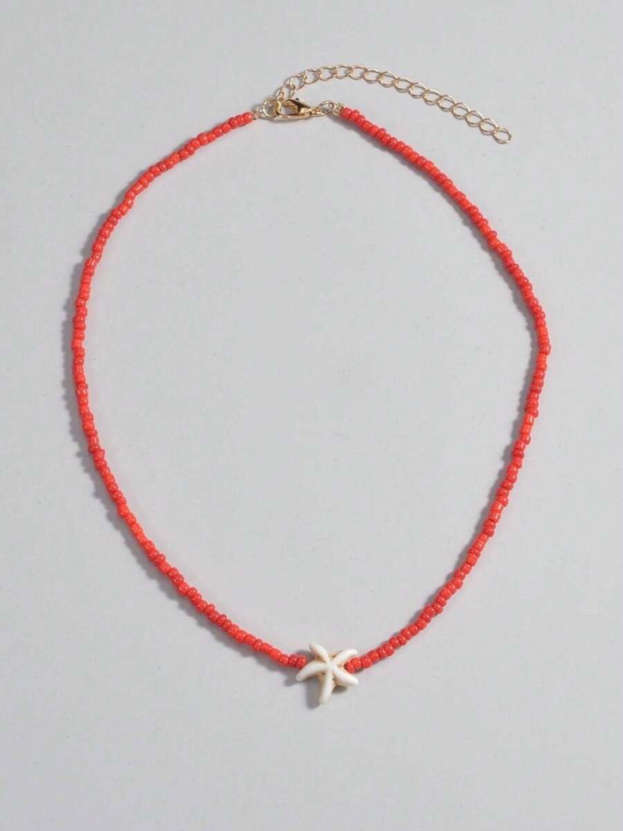 1pc Turquoise Starfish & White Bead Necklace