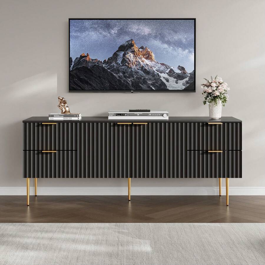 SICOTAS TV Stand For 55/60/65/70 Inch TV - 62 Inch TV Stands For Living Room Entertainment Center With 4 Drawers, Fluted Modern TV Media Console Television Cabinet For Bedroom - màu đen - Xem 1