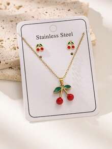 Set de 3 piezas de joyería de cereza dulce para mujer - Pendientes y collar románticos y lindos de moda, accesorios elegantes como regalo - Conjunto de collar y pendientes de cereza - Ver 8