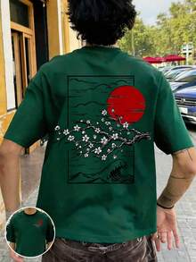 FRACTYR Herren Sommer Mode minimalistischer Streetstyle Japanischer Pflaumenblüten Muster Rundhals Kurzarm T-Shirt | Grundlegender Streetstyle vielseitiger Casual Top, Geschenk für Freund/Ehemann - Dunkelgrün - Übersicht 3
