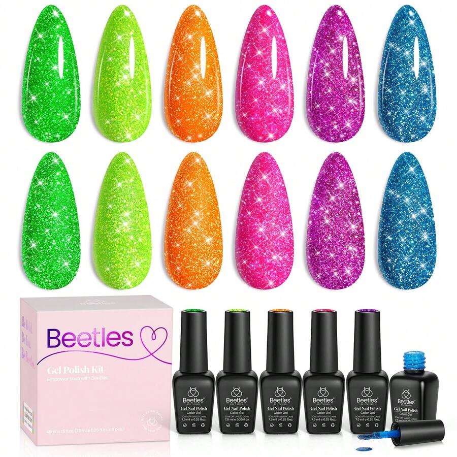 Beetles Pearl Gel Nail Polish, 6 Colors Shimmer Pearl White Pink Purple Mermaid Nail Drawing Spring Gel Polish - 6 màu phản quang lấp lánh neon lễ hội - Xem 1