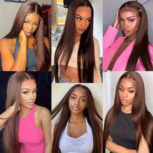 13x4 Frontal Real HD Lace Wig Invisible HD Lace Front Wigs 200% Density #4 Brown Blended Hair Pre Plucked Bleached Knots Straight Blended Hair Wigs 5x5 Pre Cut Glueless Wear And Go For Women 28 Inch Pre Plucked HD Lace Frontal Wig With Baby Hair Wig - Brown - View 9