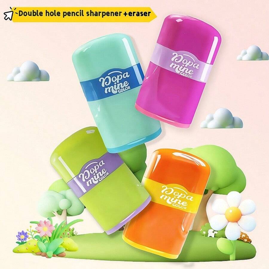 2pcs Compact Double Slot Pencil Sharpener And Eraser 2-In-1, Stationery, Gifts, Prizes, Suitable For School And Office Supplies - Multicolor - View 1