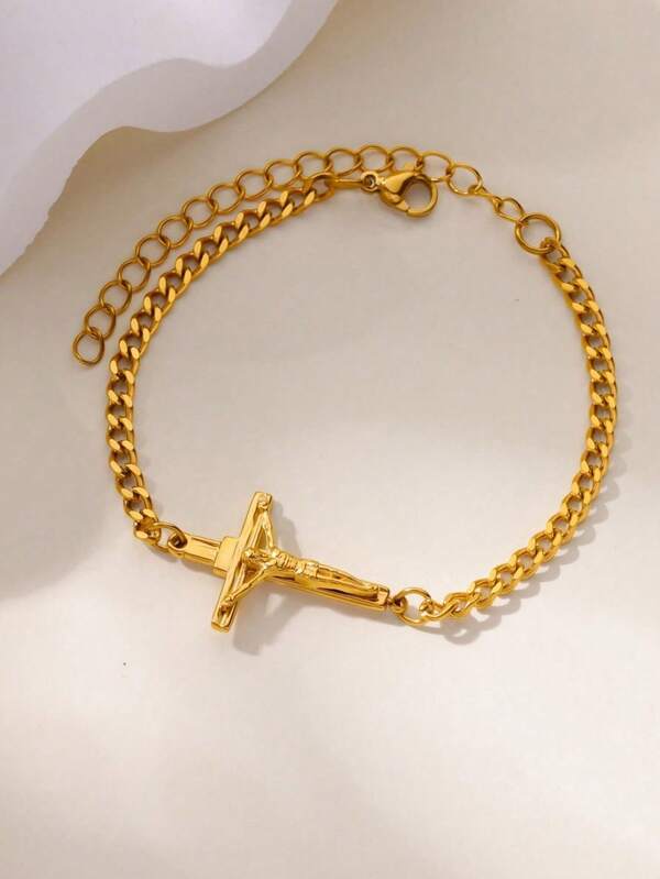 Pulsera para hombres con colgante de cruz de Jesús chapado en oro de 18k, pulsera de cadena cubana de acero inoxidable estilo religioso vintage para uso diario de mujeres