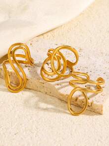 3pcs Stainless Steel 18K Gold Plated Minimalist Versatile Casual Geometric Asymmetrical Line Design Ring Set, Suitable For Women's Daily, Dinner, Date Wear, Elegant Jewelry Gift - Multicolor - View 2