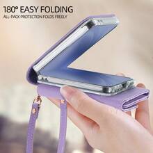 VIETAO Funda de teléfono de piel sintética compatible con Galaxy Z Flip 3/4/5/6/7 con ranura para tarjeta, cordón, billetera, correa para la muñeca, cubierta protectora de moda - Morado - Ver 6