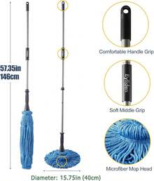 Eyliden Mop With 2 Reusable Microfiber Heads, Easy Wringing Twist Mop, 57.5 Inch Long Handle, Wet Mops For Floor Cleaning, Commercial Household Clean Hardwood, Vinyl, Tile And More (Grey) - Blue - 查看 6