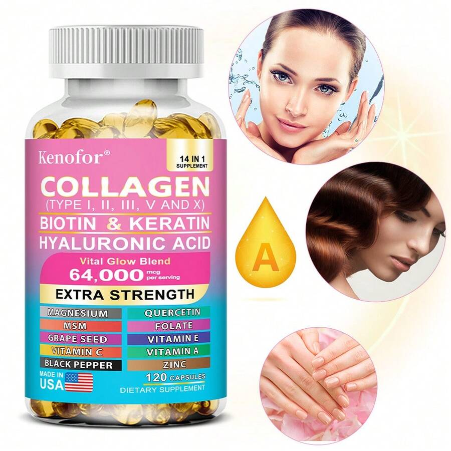14 IN 1 Collagen 120 Softgels - With Biotin, Keratin, And Hyaluronic Acid - Supports Skin, Nail, And Hair Health And Joint Health - 1 chai - Xem 1