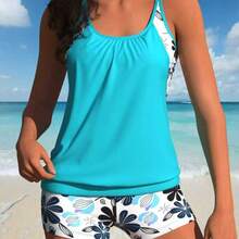 Women's Floral Print Tankini Set With Boyshorts, Stylish Two-Piece Swimsuit For Beach And Pool - Màu xanh bạc hà - Xem 1