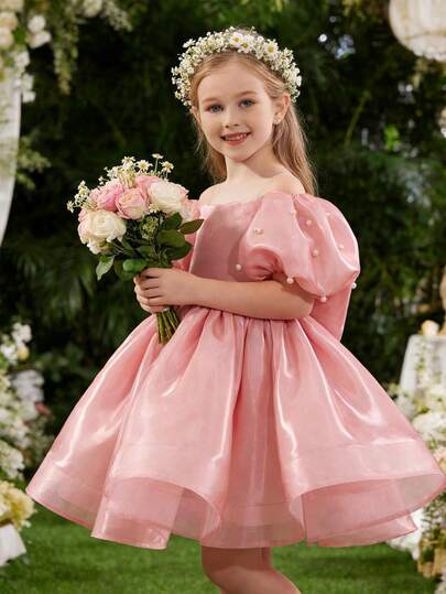 Young Girls' Bow Decor Tulle Party Dress, Princess Style Suitable For Birthday, Wedding, Anniversary, Holiday Celebration