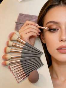 14件套完整化妆工具套装 - 13支化妆刷 + 美妆蛋，蓬松渐变刷毛，适用于面部和眼部化妆，附赠天鹅绒收纳袋，方便旅行携带 - 棕色 - 查看 7