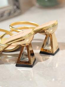 Teenagers' New Arrival Square Toe Gold Metal Strap Triangular Heel Sandals, Luxury Party Style, Suitable For Daily Commute, And Outings - Gold - View 8