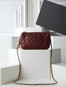 Fashion Patchwork Flap Crossbody Bag - Burgundy With Decorative Ball Gold Chain Shoulder Strap, Pebbled Leather - Suitable For Daily Use/Parties - 酒紅色 - 查看 6