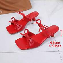Women's Kitten Heel High Heels With Bow Slip-On Elegant Soft Leather Beach Sandals Summer - Red - View 8