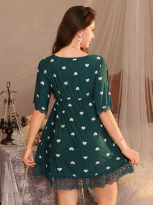 1 bộ đồ ngủ và mặc nhà bằng lụa cao cấp, in hình trái tim, phối ren, cổ chữ V, phong cách retro gợi cảm dành cho nữ. - Màu xanh lá cây đậm - Xem 3