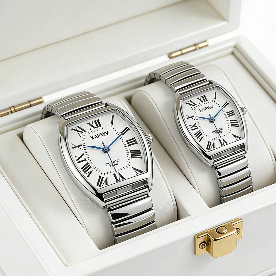 XAPWV Đồng hồ đôi dây đeo co giãn, mặt số La Mã hình thùng, đồng hồ đeo tay thời trang tối giản dành cho nam và nữ. - Nhiều màu - Xem 1