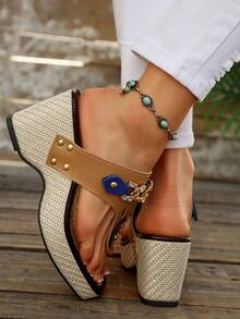 Sandalias de cuña con bloque de color, tiras huecas y cadena de remaches para mujer de talla grande, para primavera/verano - Naranja - Ver 6