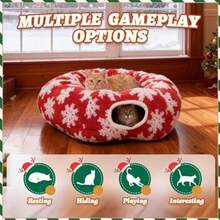 Cama túnel para gatos debajo del árbol de Navidad túneles plegables de 3 pies x 3 x 9.8 pulgadas para gatos de interior túnel decorativo de felpa de estilo navideño para gatos con cojín lavable para - Copo de nieve rojo. - Ver 6