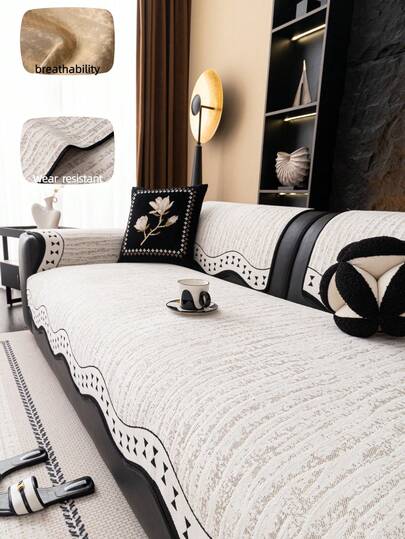 1件欧式清新不规则沙发垫，蝴蝶结花卉饰边镶嵌，雪尼尔质感沙发垫，奢华简约沙发套，保护沙发，防滑防尘防刮，装饰沙发，四季皆宜，适用于卧室、客厅、办公室、书房，可机洗，通用沙发套