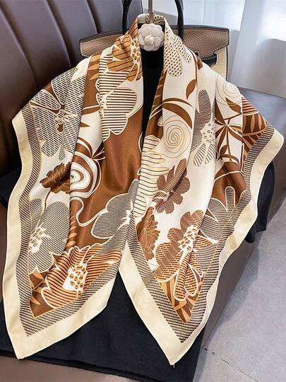 1pc Vintage Floral Botanical Print Square Scarf, Multifunctional Women's Faux Silk Scarf Shawl, Suitable For Travel, Vacation, Casual, Commuting, Collar Decoration, Fashion Handbag Decoration