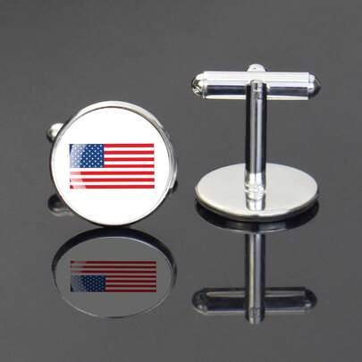 1对美国国旗图案袖扣，男士简约风格玻璃合金袖扣，经典正式场合配饰，完美适用于婚礼、商务晚宴和送礼。