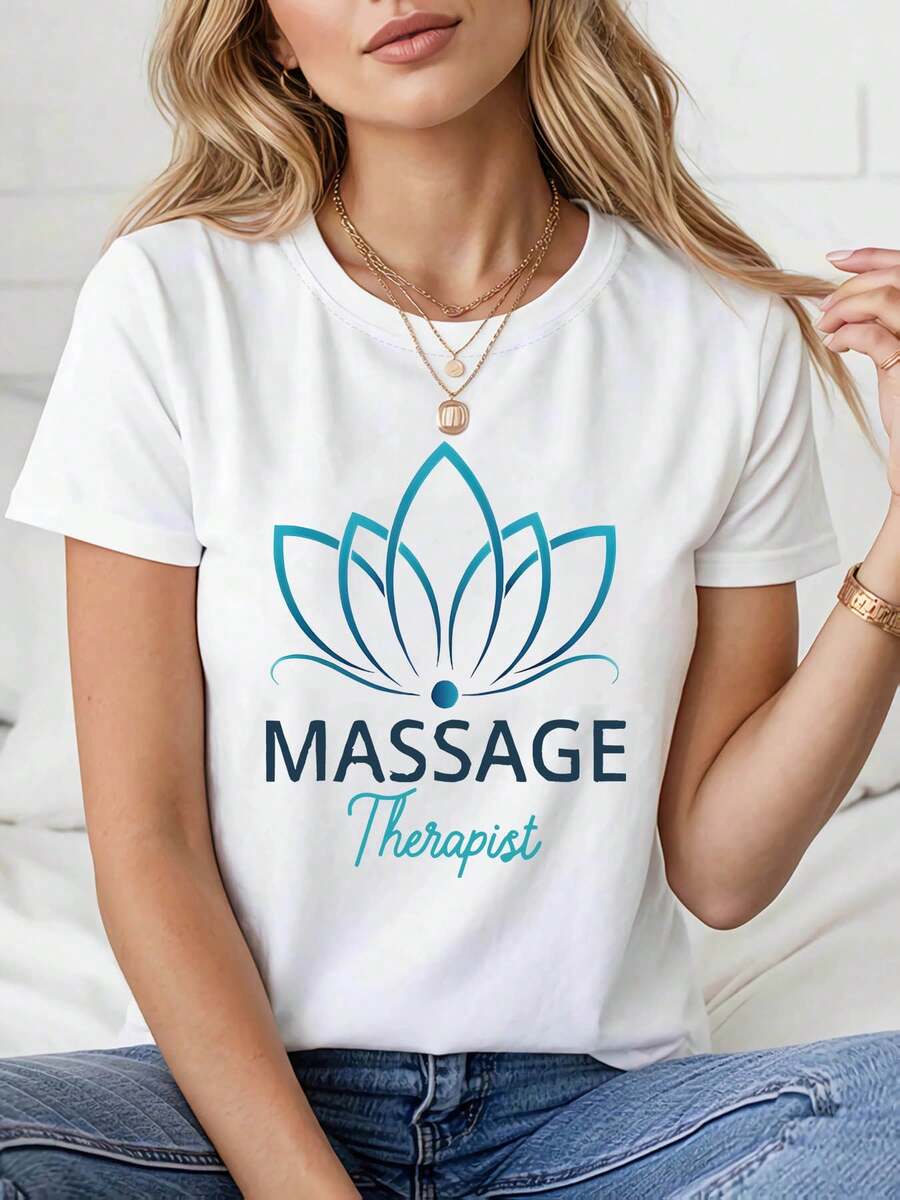 MASSAGE Therapist Lotus Flower Massage Therapist Pattern Printed T-Shirt For Women, Spring/Summer Short Sleeve Round Neck Casual T-Shirt, Daily Casual Wear, Holiday Gift, Shopping And Travel. Summer New Style Women's Cotton T-Shirt, Loose, Slim And Versatile Short Sleeve Top - White - View 1