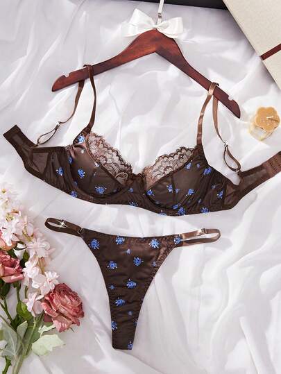 复古优雅咖啡棕色印花性感内衣套装，两件套，适合派对和约会