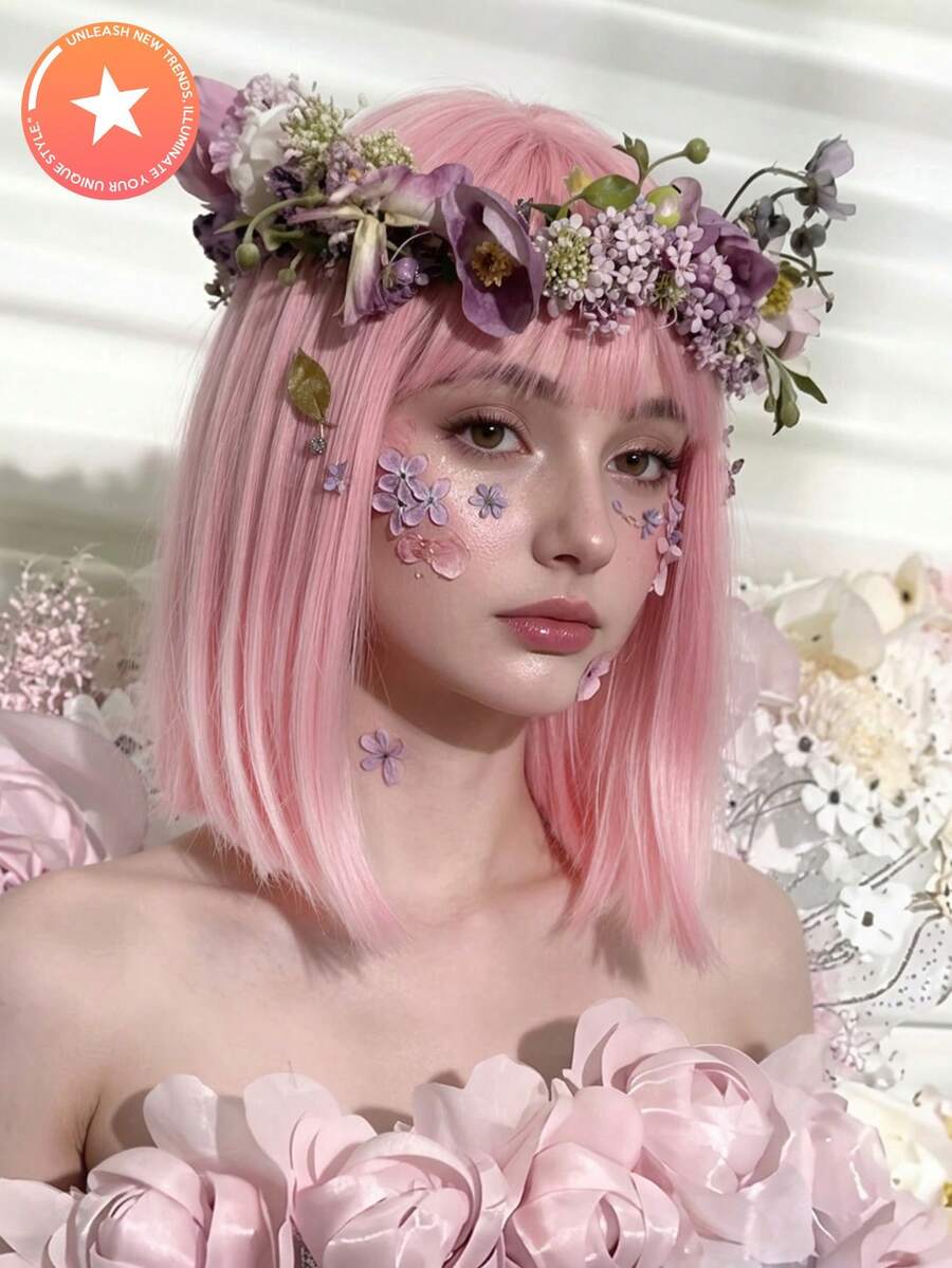 Pink Stright Bob Wig With Bangs- 12inch Synthetic Wigs For Women Heat Resistant Cosplay Colourful Synthetic Hair Wig High Temperature Hair For Women Holiday Daily Fashion Style Synthetic Hair Wig For Halloween And Christmas - 粉色 - 查看 1