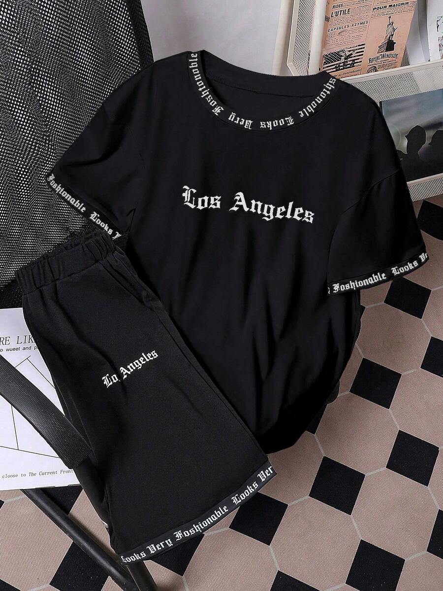 Boys' Fashionable Streetwear Letter Print T-Shirt And Shorts Set, Unique Design, Comfortable Fabric, Ideal For Summer Outdoor, Vacation And Casual Wear - Black - View 1