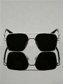 1 Pair Of Women's Black-Silver Double-Bridge Pilot Sunglasses, Metal Material, UV400 Sun Protection, Minimalist Pool-Style Sunglasses, Summer Vacation Style - Multicolor - View 5